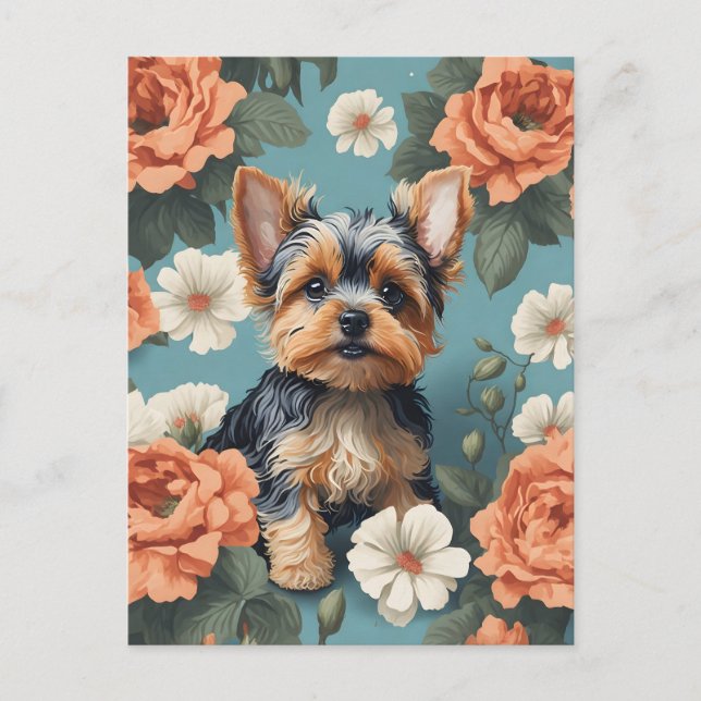 Cartão Postal Cute Yorkshire Terrier Puppy Floral (Frente)