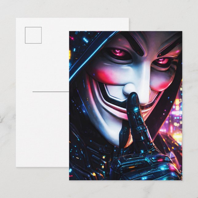 Cartão Postal Cyberpunk Hacker Mask Shush Neon Glow (Frente/Verso)