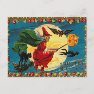 Cartão postal da Bruxa Voadora Vintage Halloween