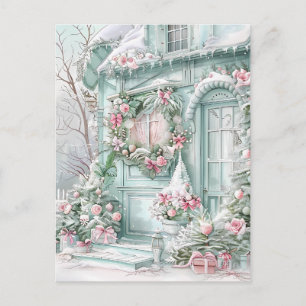 Cartão postal da casa de Natal verde-menta e rosa
