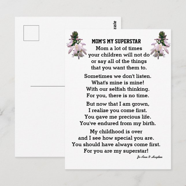 CARTÃO POSTAL DA mãe MY SUPERSTAR (Frente/Verso)