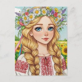 Cartão Postal da Menina Ucraniana Feliz com Coroa