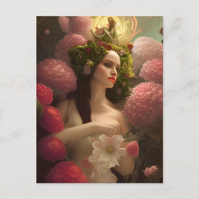 Cartão postal da mulher em flores cor-de-rosa (Frente)