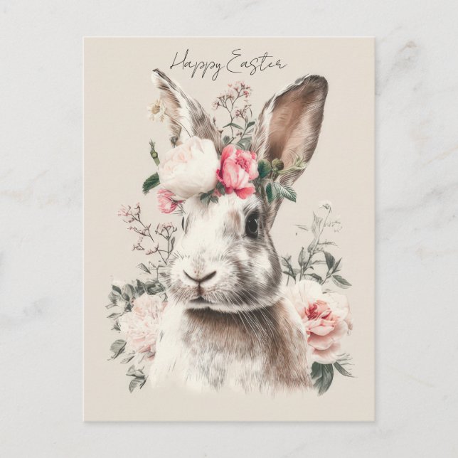 Cartão postal da Páscoa com flores e coelho da Pás (Frente)