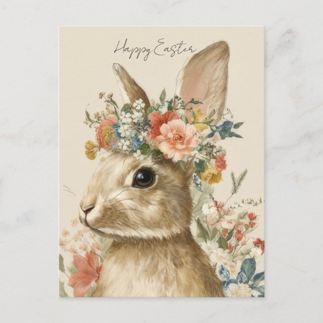 Cartão postal da Páscoa com Flores e Coelho da Pás (Frente)