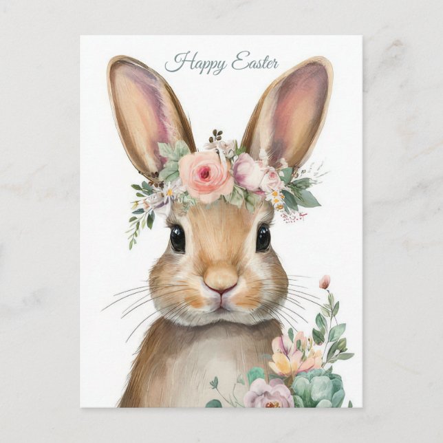 Cartão postal da Páscoa com flores e coelho da Pás (Frente)