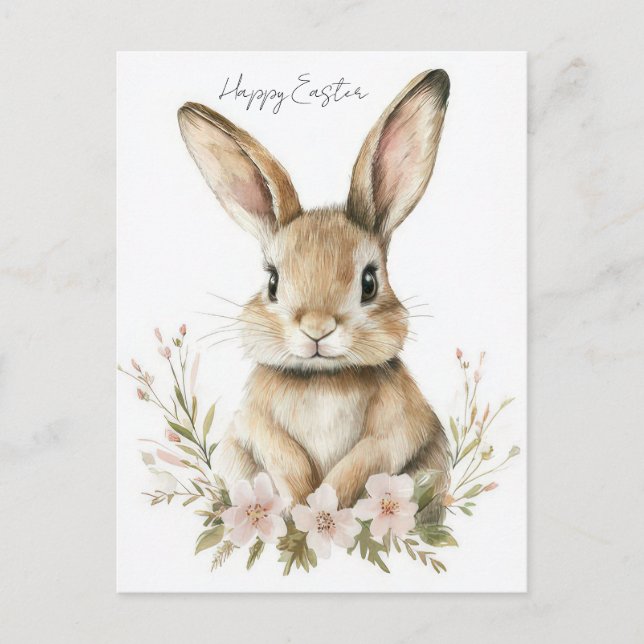 Cartão postal da Páscoa com flores e coelho da Pás (Frente)