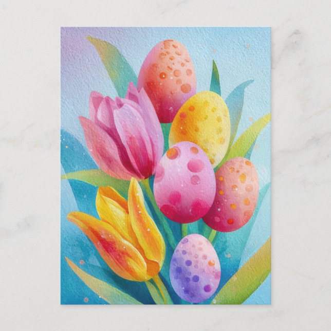 Cartão postal da Páscoa com Flores e Ovos de Pásco (Frente)