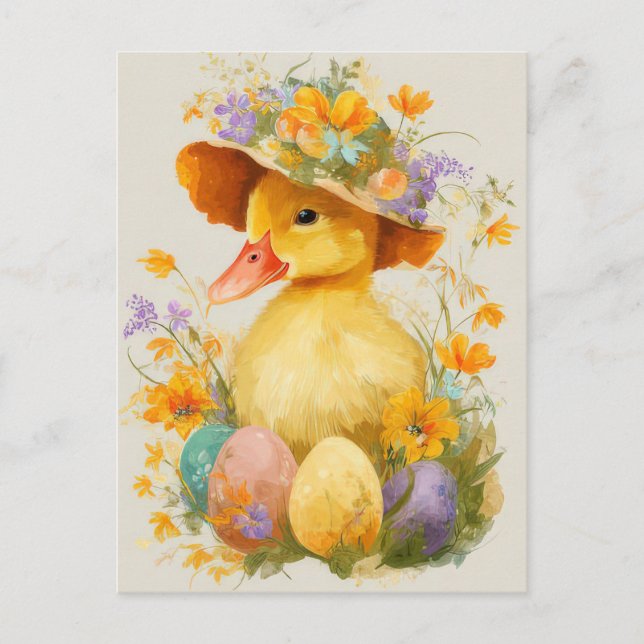 Cartão postal da Páscoa com Flores e Patinho da Pá (Frente)