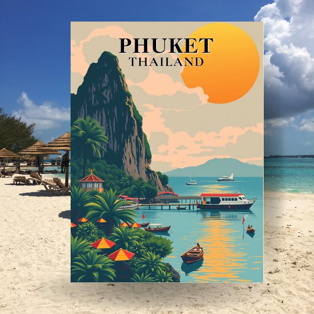 Cartão postal da praia de Phuket Tailândia Viagem (Phuket Thailand Beach Boat Art Postcard)