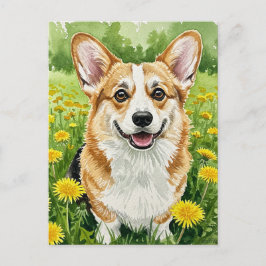 Cartão postal da primavera com dandelions e Corgi