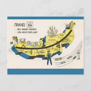 Cartão postal da Rota 66 de Will Rogers