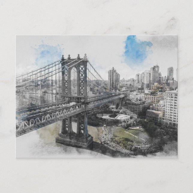 Cartão postal da Watercolor Brooklyn Bridge - Nova (Frente)