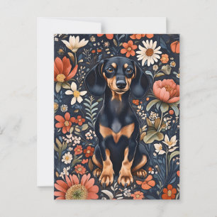 Cartão Postal Dachshund Adorável Cercado Por Flores Vibrantes