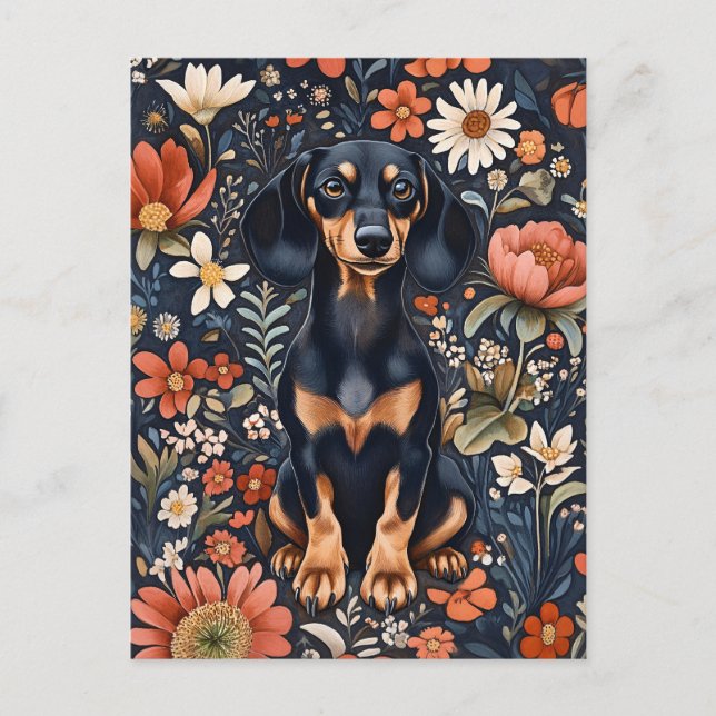 Cartão Postal Dachshund Adorável Cercado Por Flores Vibrantes (Frente)