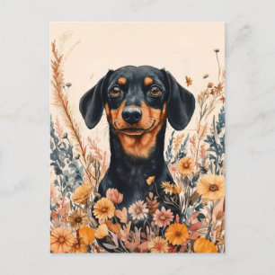 Cartão Postal Dachshund Bonito com Pintura de Flores Selvagens