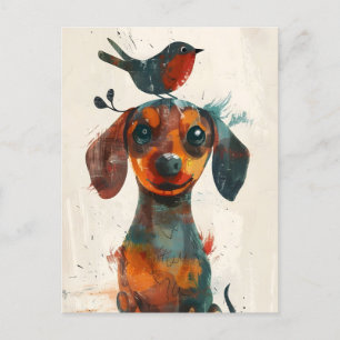 Cartão Postal Dachshund bonito com uma mão de pássaro pintada