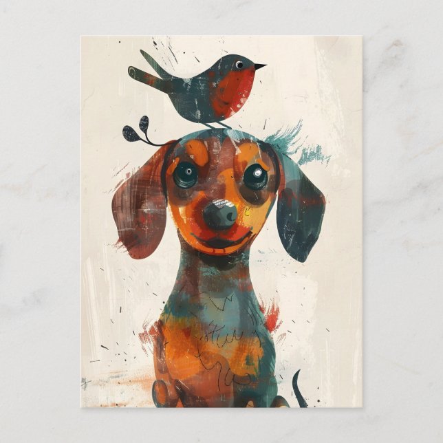 Cartão Postal Dachshund bonito com uma mão de pássaro pintada (Frente)