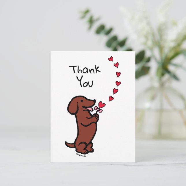 Cartão Postal Dachshund Cabelo Liso Vermelho Corações Obrigado (Em pé/Frente)