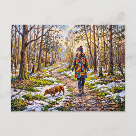 Cartão Postal Dachshund Caminhando ao Longo de uma Trilha Flores