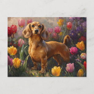 Cartão Postal Dachshund com pintura de Tulipas de Primavera