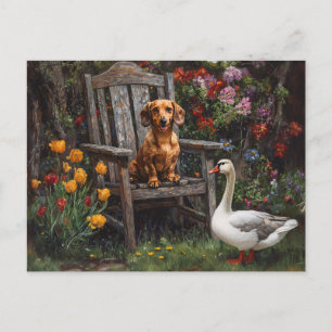 Cartão Postal Dachshund com um Ganso em um Jardim