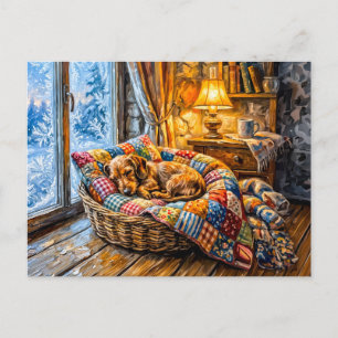Cartão Postal Dachshund Descansando em uma Cesta de Janela de In