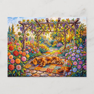 Cartão Postal Dachshund Descansando sob a Pérgola Floral do Jard