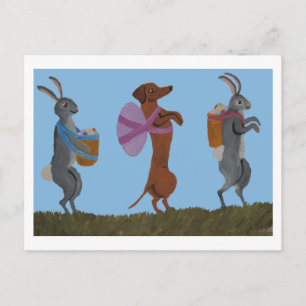 Cartão Postal Dachshund e bunnies da Páscoa marchando