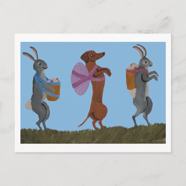 Cartão Postal Dachshund e bunnies da Páscoa marchando (Frente)