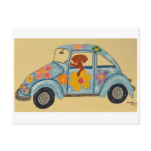Dachshund em carro hippie