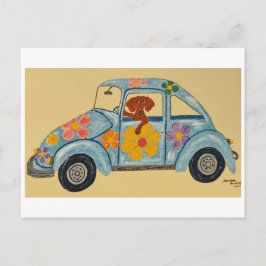 Cartão Postal Dachshund em carro hippie