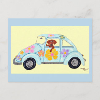Cartão Postal Dachshund em carro Hippie