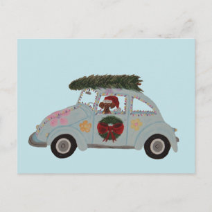 Cartão Postal Dachshund em Carro Hippie no Natal