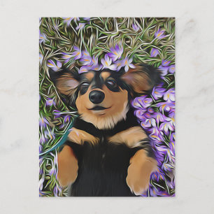 Cartão Postal Dachshund Laying In Purple Flowers