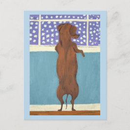 Cartão Postal Dachshund na Janela observando a Neve cair
