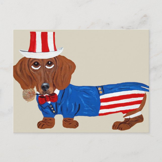 Cartão Postal Dachshund no traje do Tio Sam (Frente)