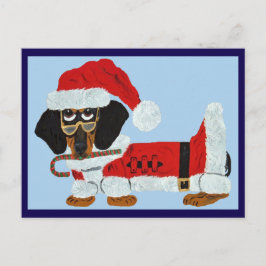 Cartão Postal Dachshund Preto e Castanho Papai Noel com um Bastã