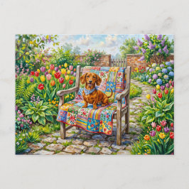 Cartão Postal Dachshund Sentado em Cadeira de Jardim de Patchwor