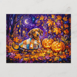 Cartão Postal Dachshund Sentado Entre Abóboras Sob a Noite de Ou