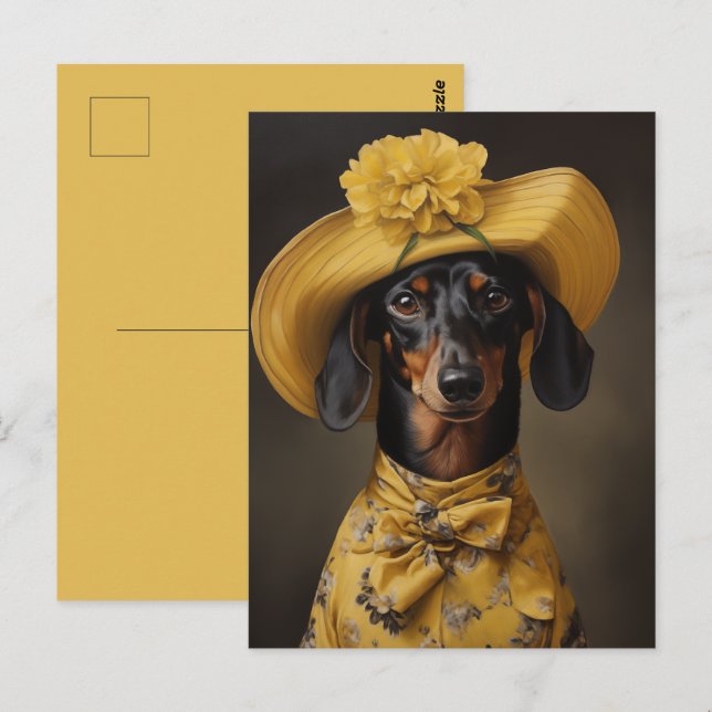 Cartão Postal Dachshund sofisticado em amarelo (Frente/Verso)