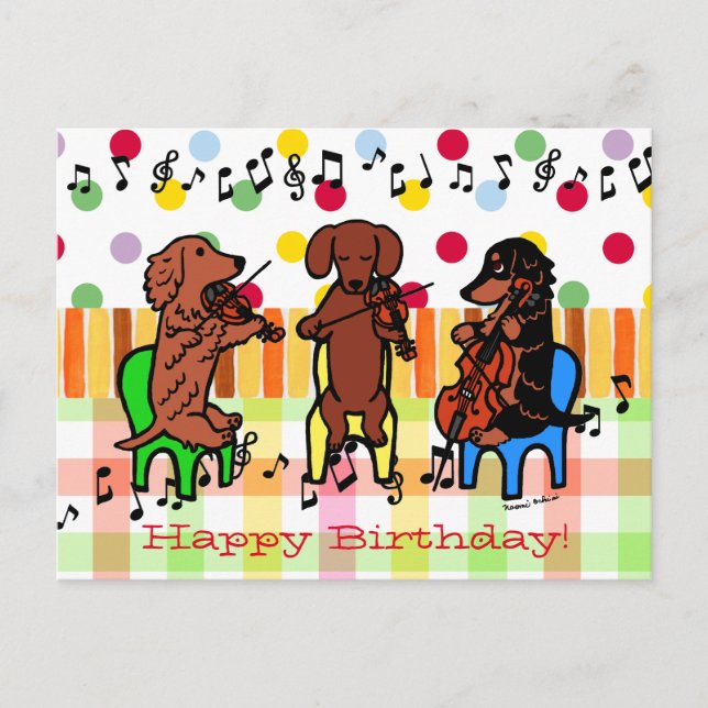 Cartão Postal Dachshund String Trio Birthday (Frente)