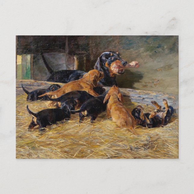 Cartão Postal Dachshunds com filhote no estábulo Hermine Bieder (Frente)