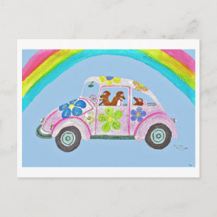 Cartão Postal Dachshunds em um Carro Hippie