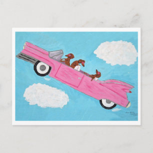 Cartão Postal Dachshunds em um Conversível Rosa no céu