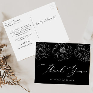 Cartão Postal Dacil Floral Black e White Weding Obrigado
