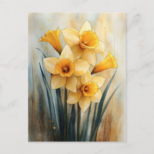 Cartão Postal Daffodils Amarelos na Aquarela