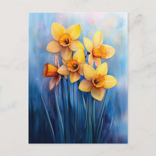 Cartão Postal Daffodils de Aquarela Fundo Azul (Frente)