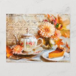 Cartão Postal Dahlia Bloom with Pumpkin Cake Slice and Teapot