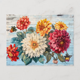 Cartão Postal Dahlia Garden Mix on Blue Wood
